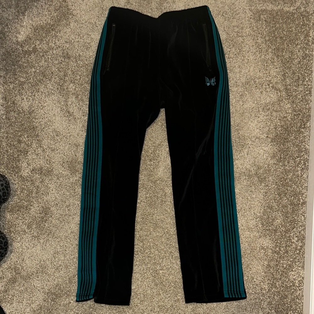 Needles Velour Black Track Pants with Teal Stripes